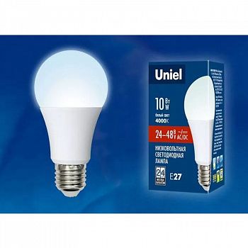 Лампа светодиодная LED-A60-10W/NW/E27/FR/24-48V PL055WH 4000K Uniel