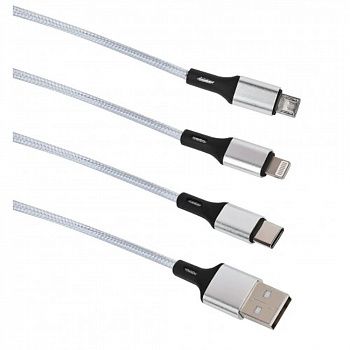 Кабель USB 3в1 micro USB, lightning, TypeC 1м CI760 Intro серебристый