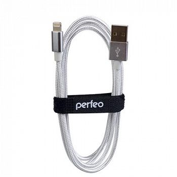 Кабель USB-iPfone8pin 1м Perfeo ткань металлические коннекторы белый